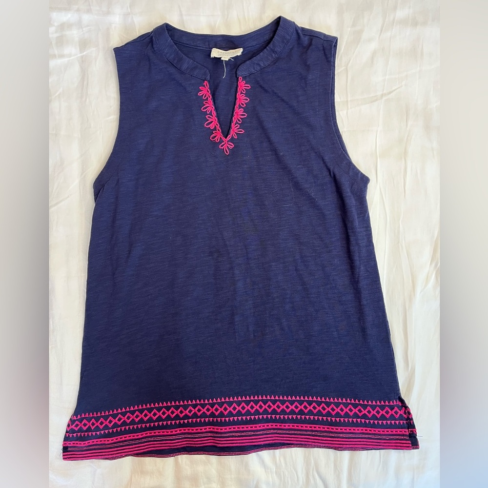 Stitch Fix Navy Cotton Sleeveless Tunic Top with Pink Embroidery Women’s Large - Picture 1 of 10